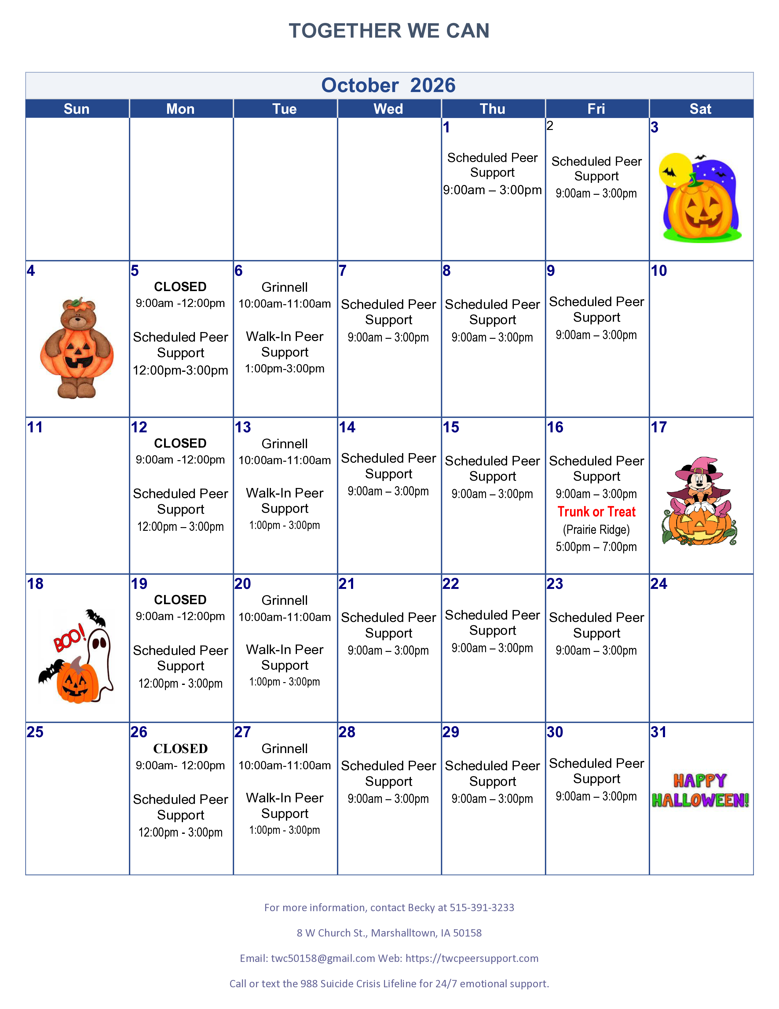 Monthly class calendar